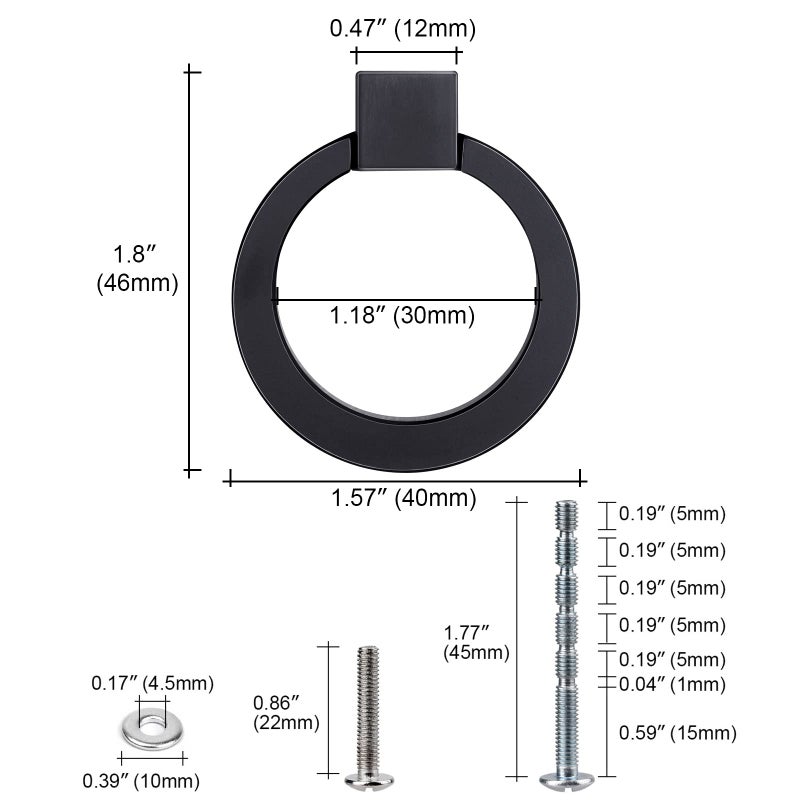 WEAVERBIRD Round Zinc Alloy Cabinet Knob Matte Black Ring Pull Handles Single Hole for Kitchen Drawer, 1.57" Diameter- Pack of 10 - Image 2